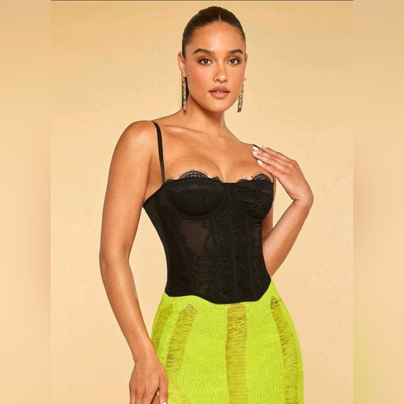SHEIN BAE Women's Solid Color Lace Splice Mesh Camisole Top - Picture 1 of 4